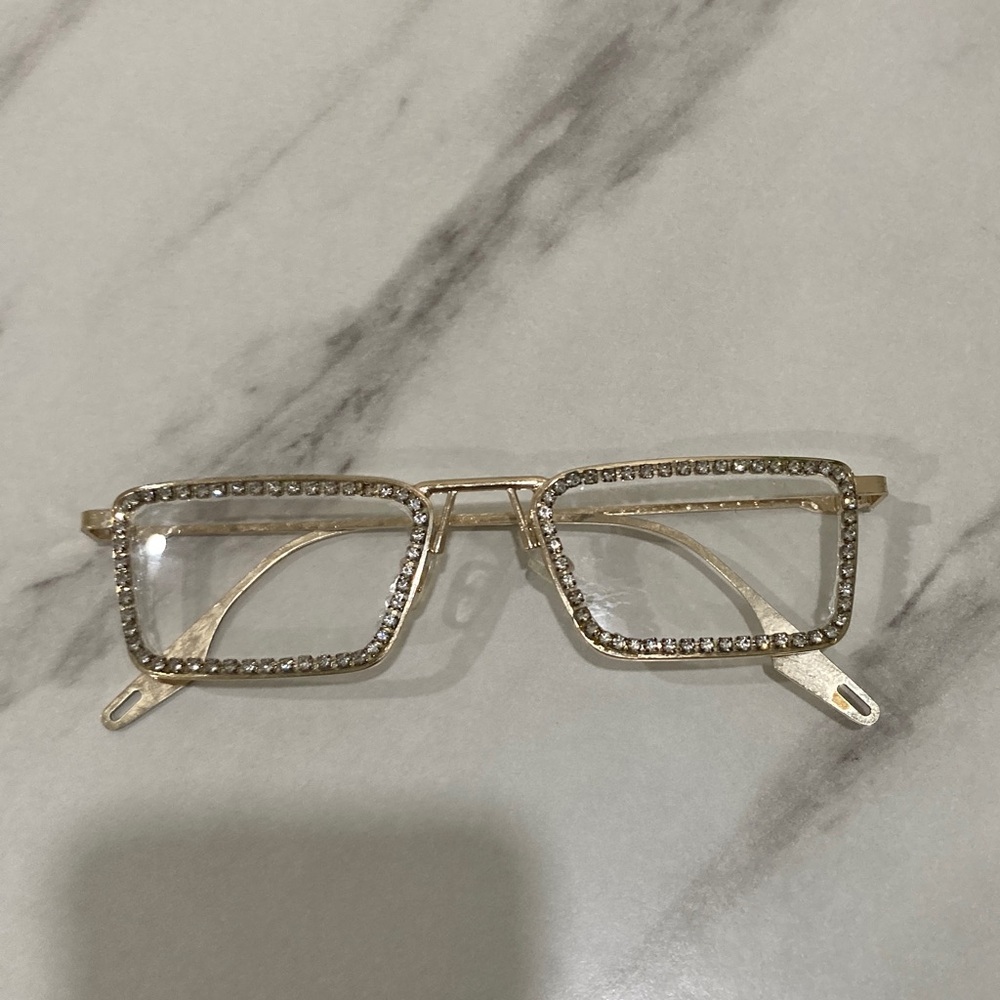 Gold Rhinestone Rectangle Frame Fashion Glasses - Picture 5 of 16